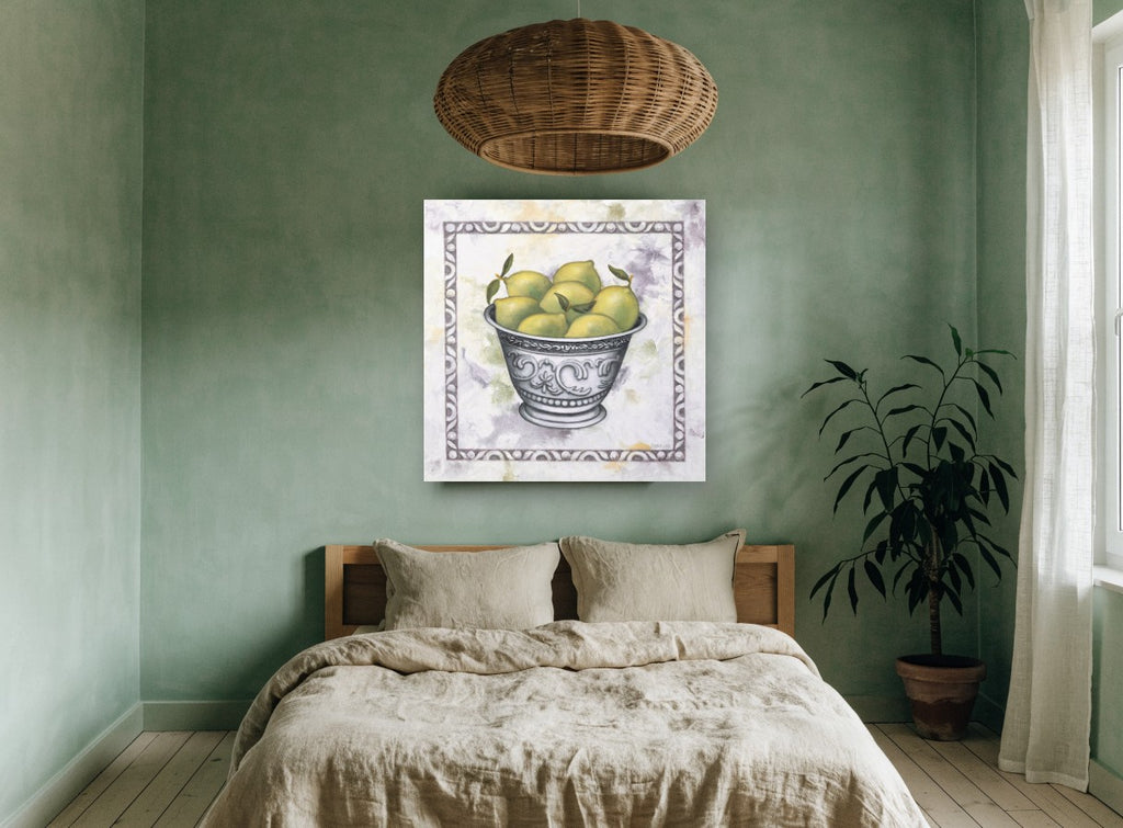 Lemons in Silver floral canvas print on the wall of a bedroom