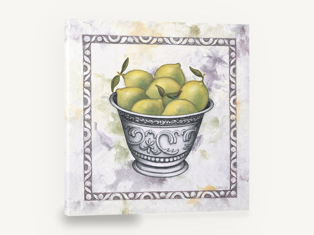 Lemons in Silver, lemons in silver bowl still life, floral canvas wall art print ready to hang