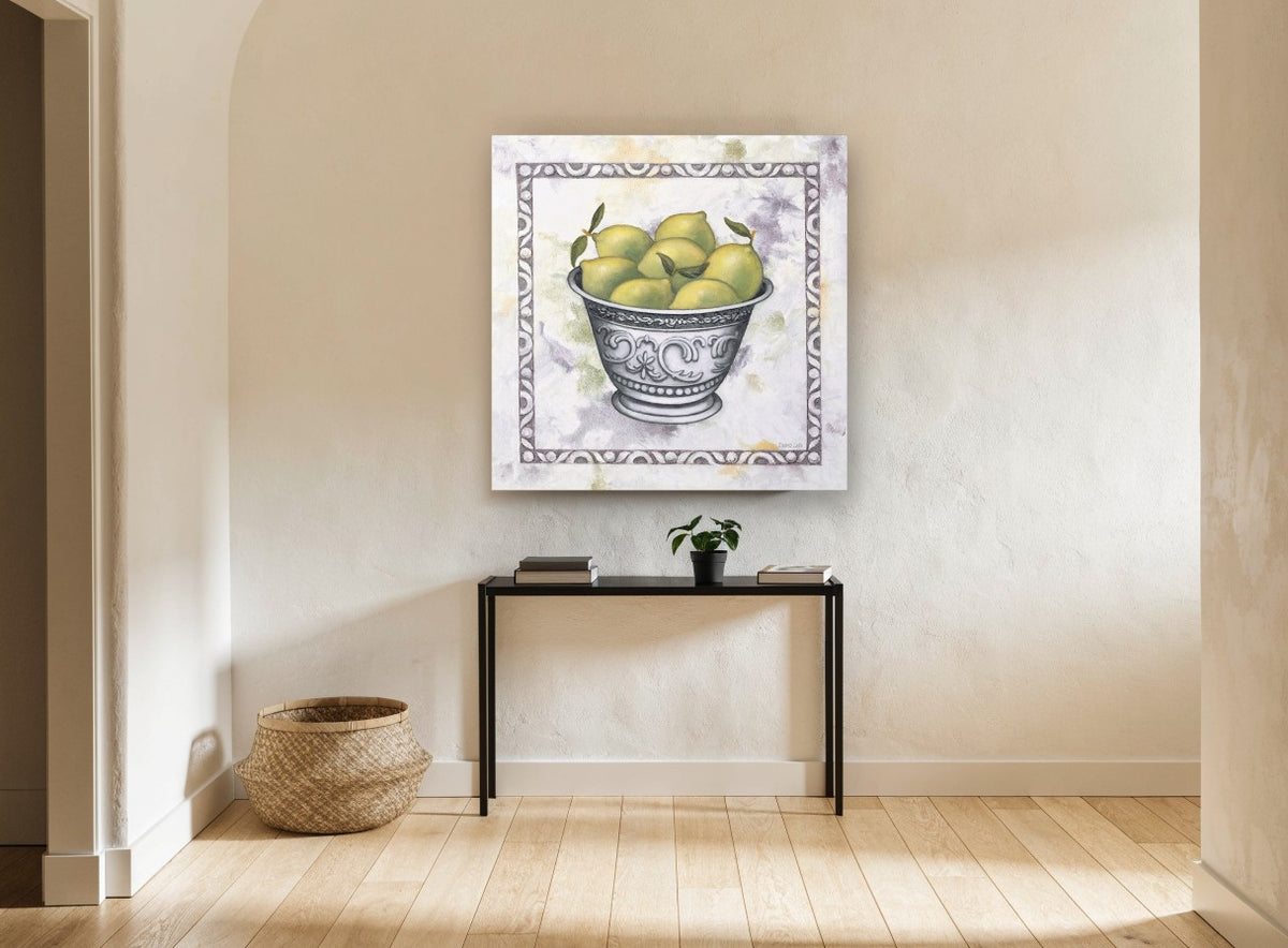 Lemons in Silver floral canvas print on the wall of a hallway