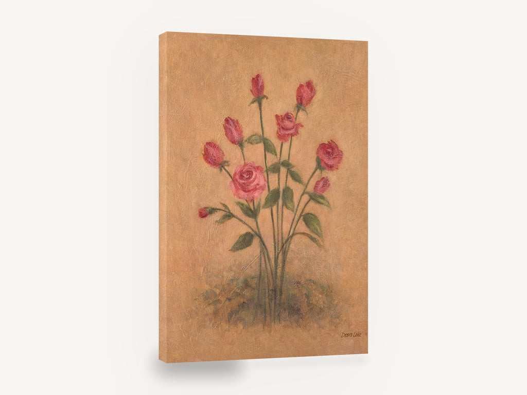 Rose Bouquet on Parchment, pink roses rustic textured floral, floral canvas wall art print ready to hang