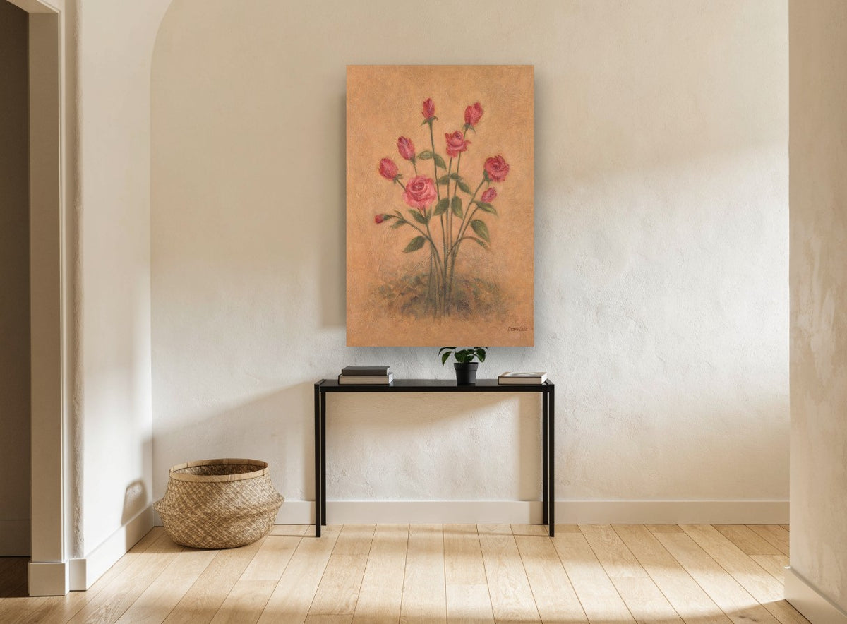 Rose Bouquet on Parchment floral canvas print on the wall of a hallway