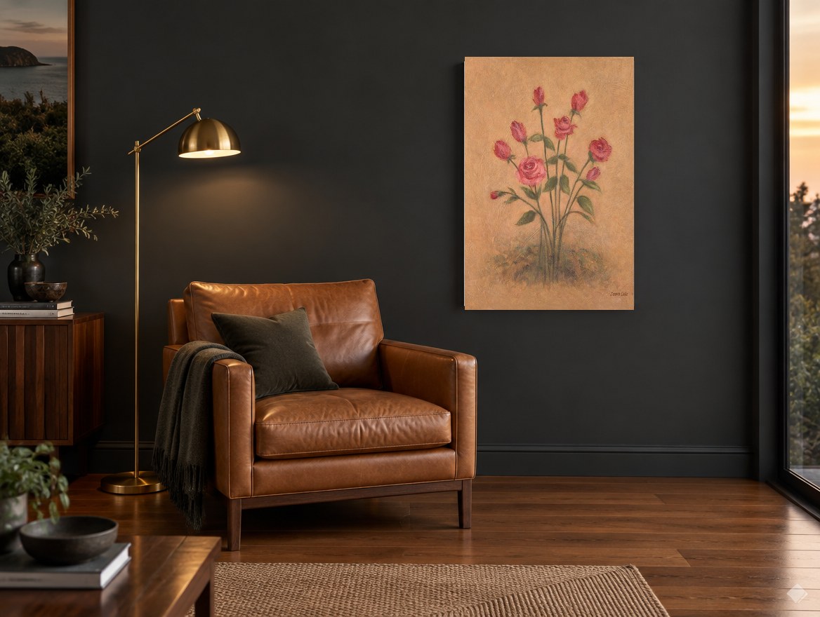Rose Bouquet on Parchment floral canvas print on the wall of a charcoal living room