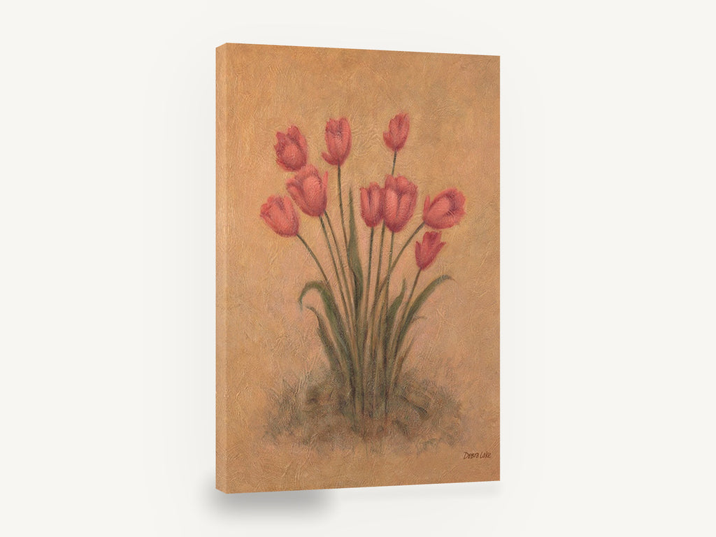 Coral Tulips on Ochre, pink tulips textured ochre botanical, floral canvas wall art print ready to hang