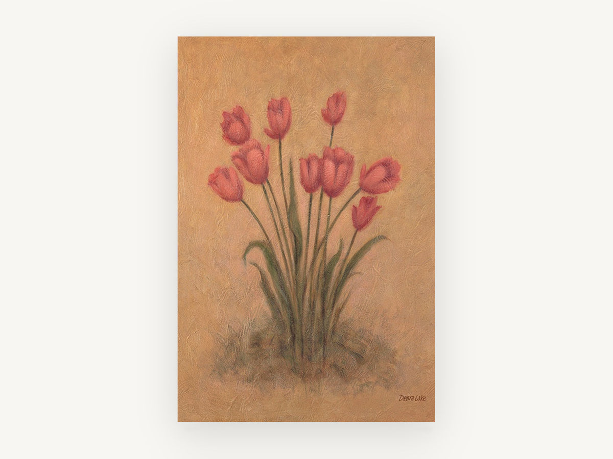 Coral Tulips on Ochre, floral canvas wall art print, front view