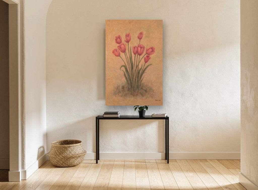 Coral Tulips on Ochre floral canvas print on the wall of a hallway