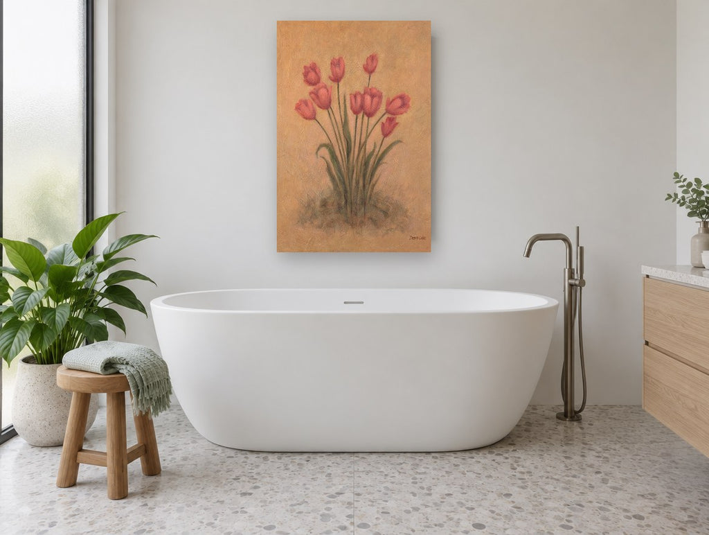 Coral Tulips on Ochre floral canvas print on the wall of a bathroom