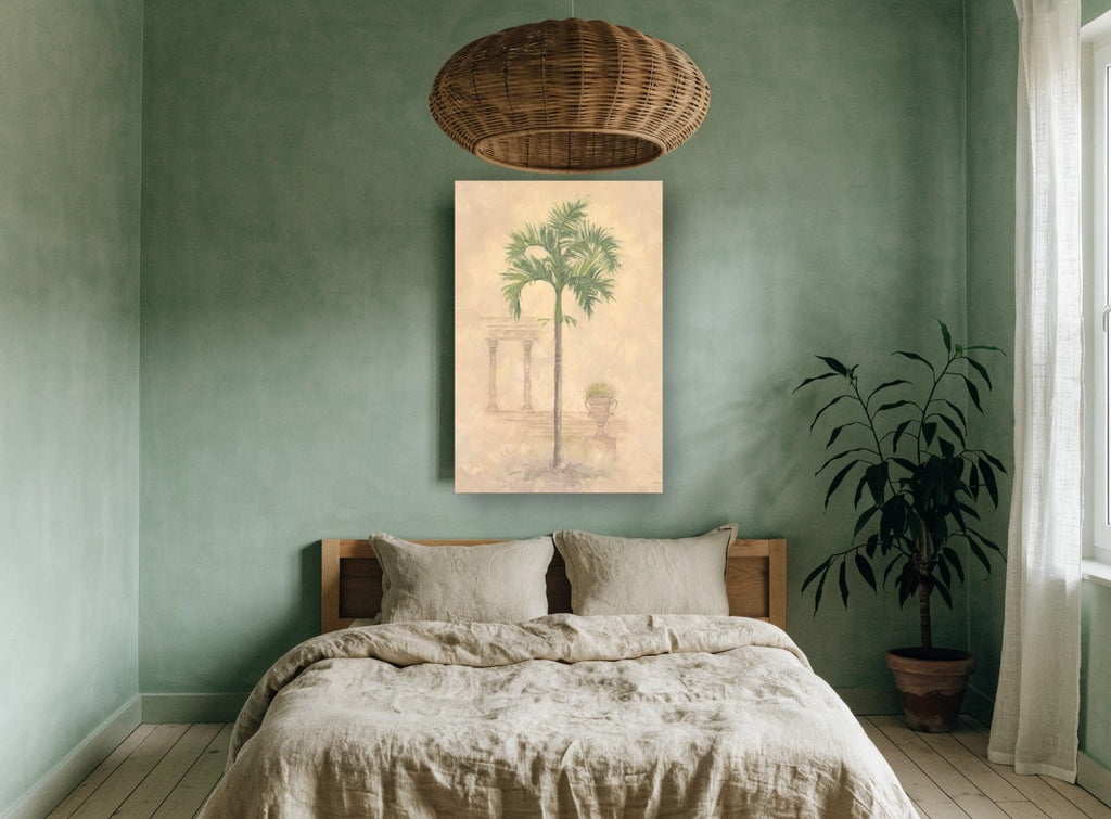 Palm Beside Faded Colonnade floral canvas print on the wall of a bedroom