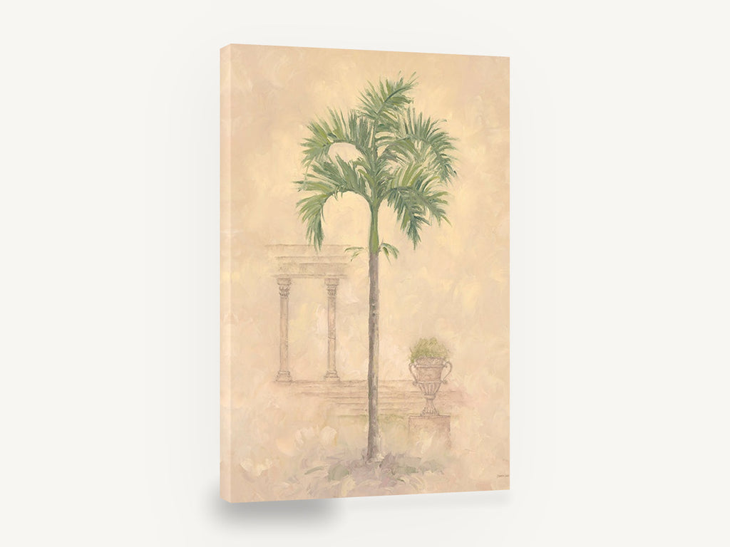 Palm Beside Faded Colonnade, palm tree colonnade urn botanical painting, floral canvas wall art print ready to hang