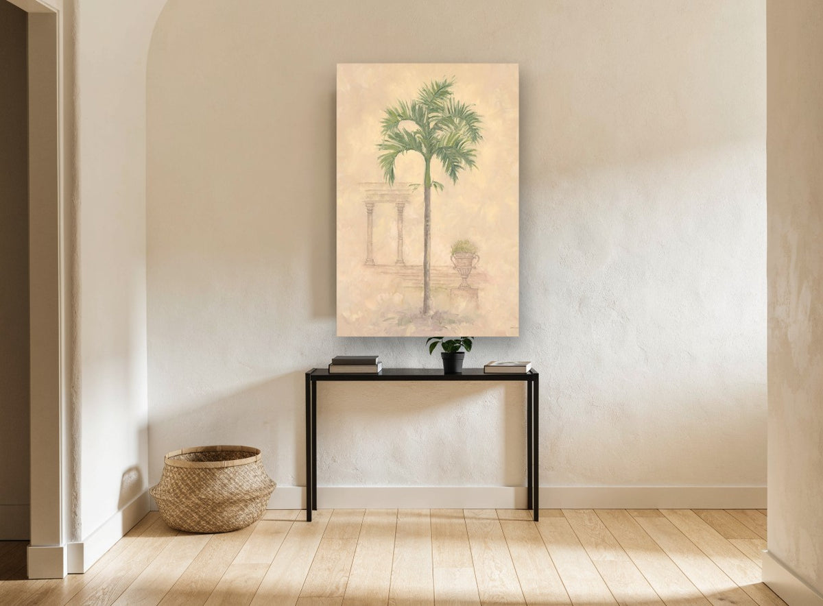 Palm Beside Faded Colonnade floral canvas print on the wall of a hallway