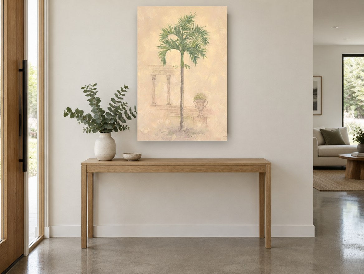 Palm Beside Faded Colonnade floral canvas print on the wall of a entry hall