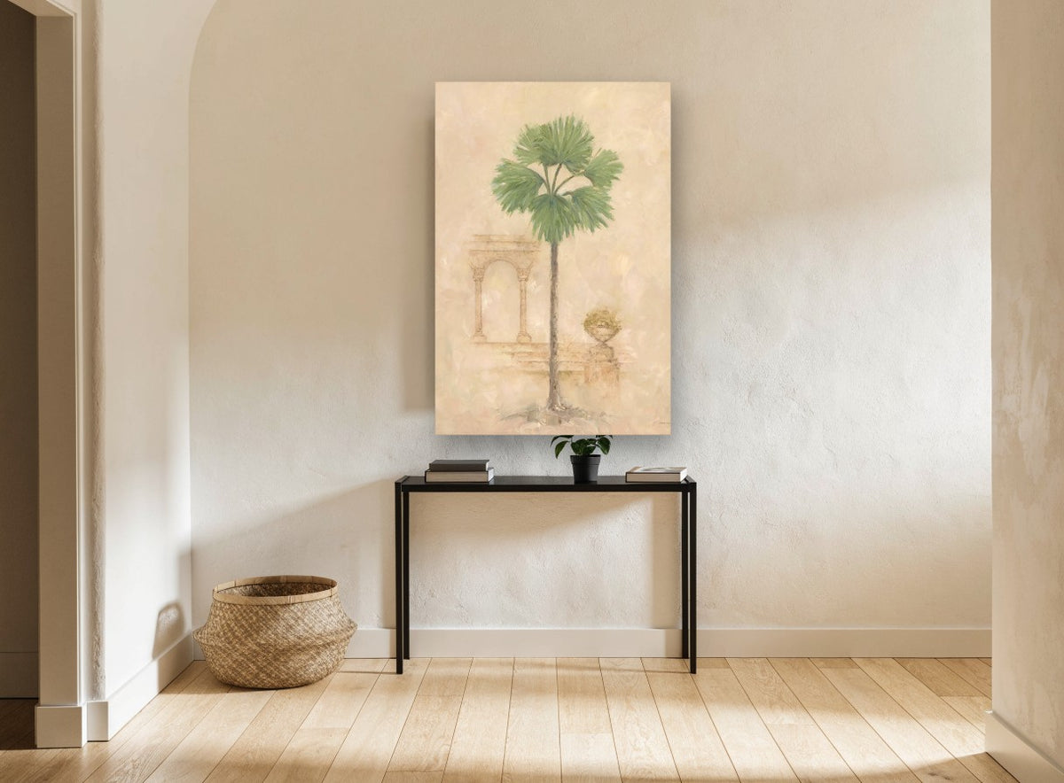 Fan Palm and Arch floral canvas print on the wall of a hallway