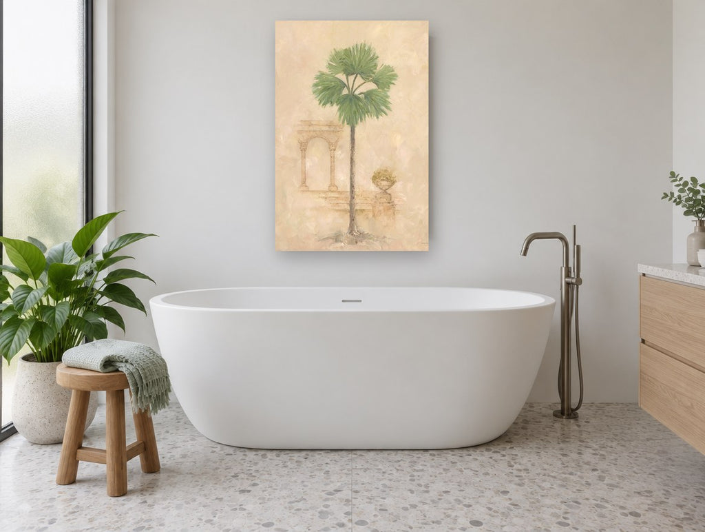 Fan Palm and Arch floral canvas print on the wall of a bathroom
