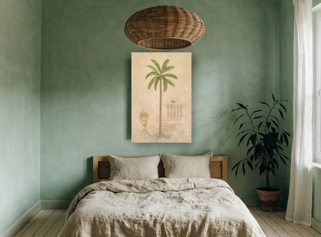 Palm Beside the Balustrade floral canvas print on the wall of a bedroom
