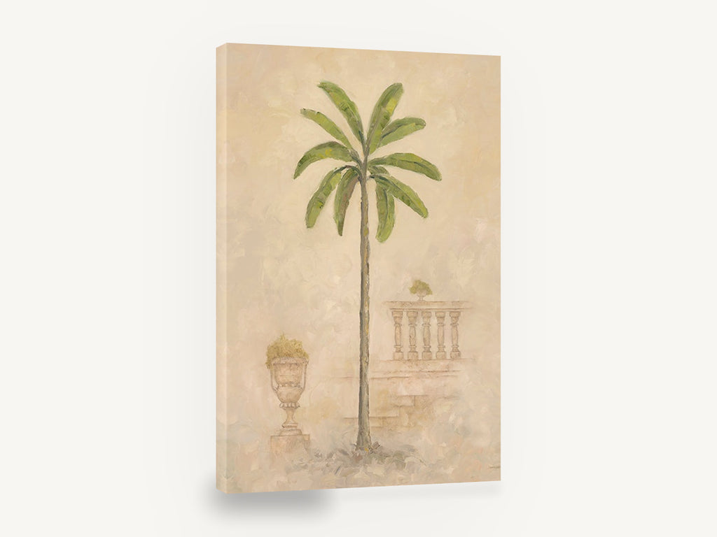 Palm Beside the Balustrade, palm tree balustrade urn botanical painting, floral canvas wall art print ready to hang