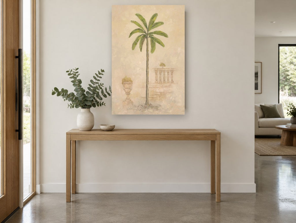 Palm Beside the Balustrade floral canvas print on the wall of a entry hall