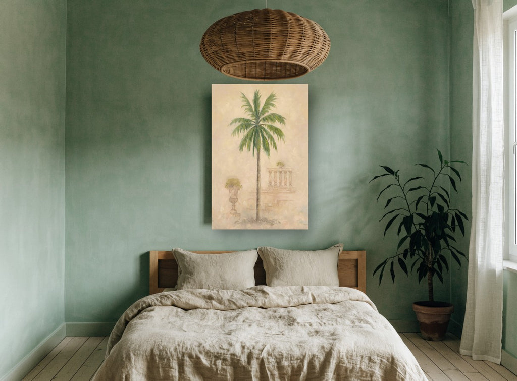 Palm Beside the Balustrade floral canvas print on the wall of a bedroom