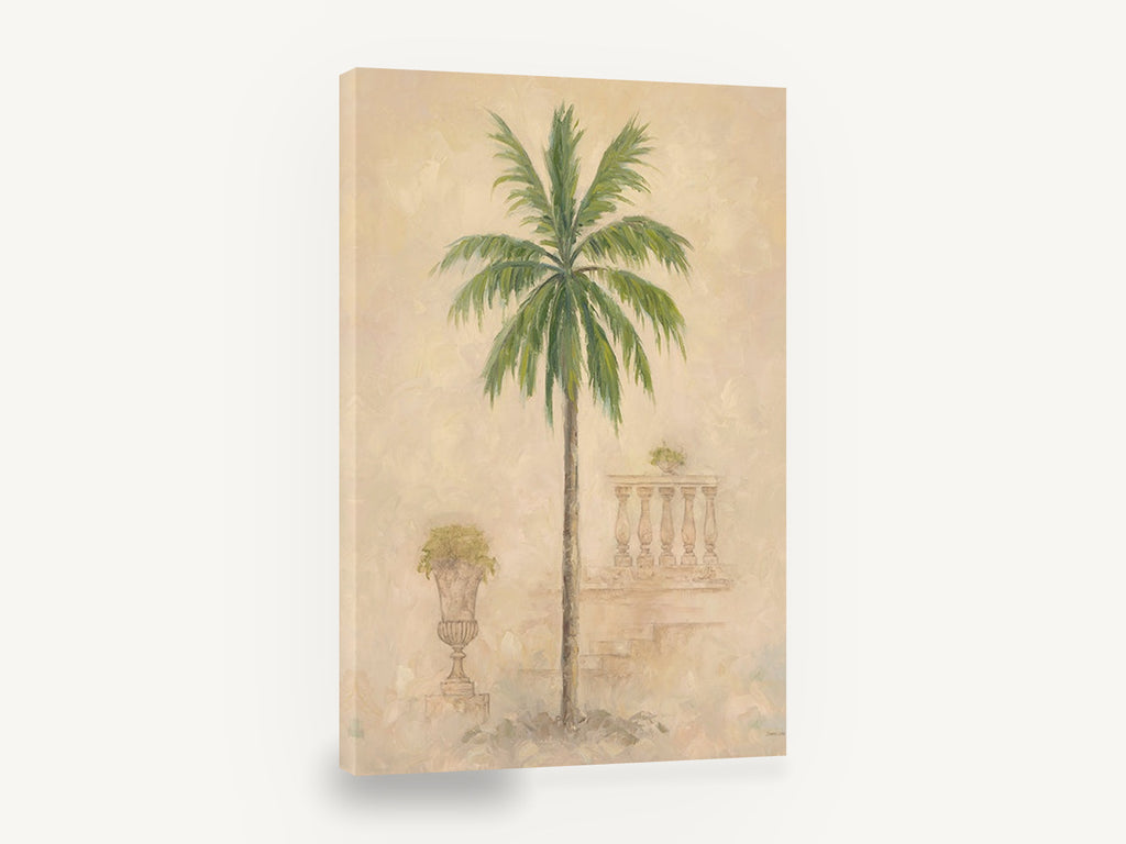 Palm Beside the Balustrade, tall palm tree architectural botanical painting, floral canvas wall art print ready to hang