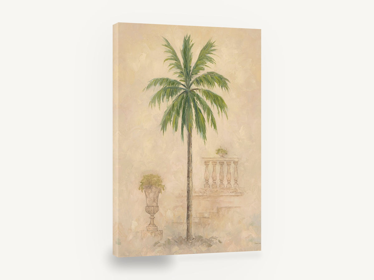 Palm Beside the Balustrade, tall palm tree architectural botanical painting, floral canvas wall art print ready to hang