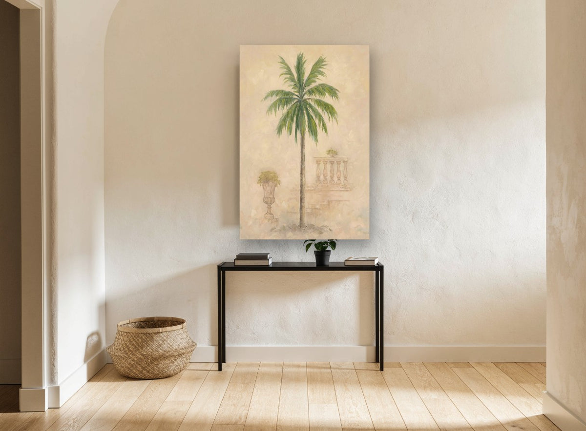 Palm Beside the Balustrade floral canvas print on the wall of a hallway