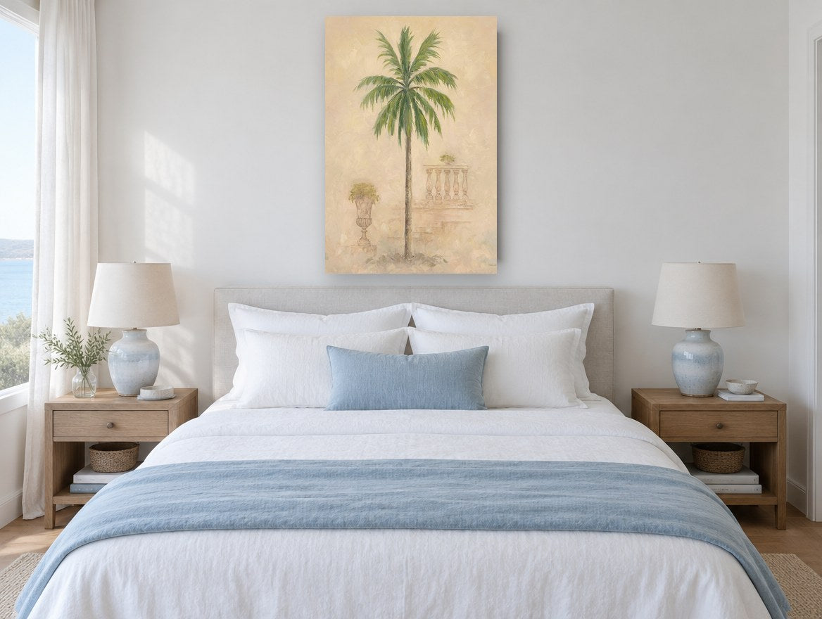 Palm Beside the Balustrade floral canvas print on the wall of a coastal bedroom