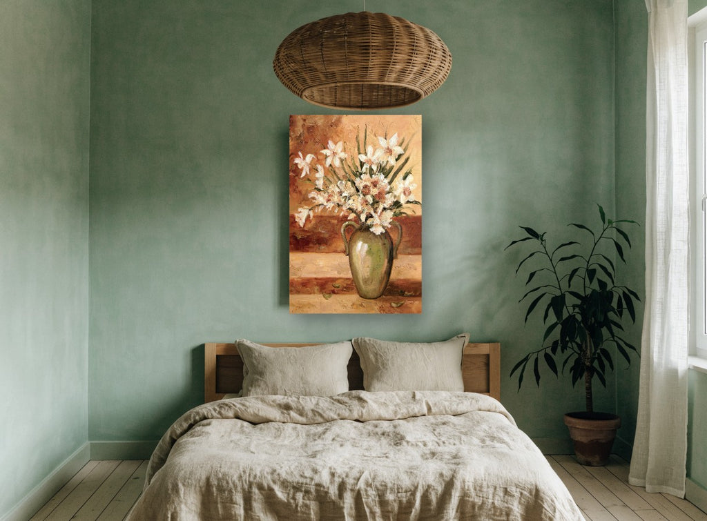 Daffodils in Green Urn floral canvas print on the wall of a bedroom