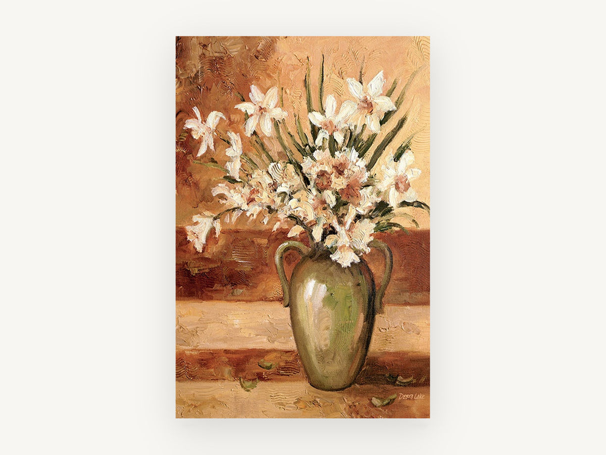Daffodils in Green Urn, floral canvas wall art print, front view