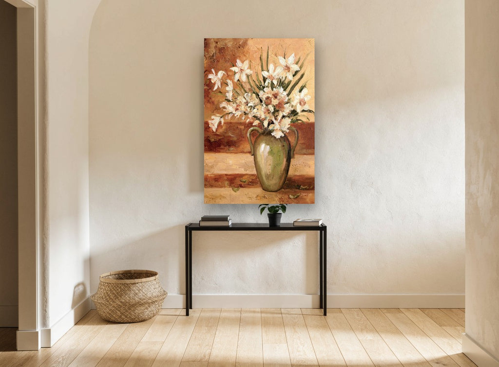 Daffodils in Green Urn floral canvas print on the wall of a hallway