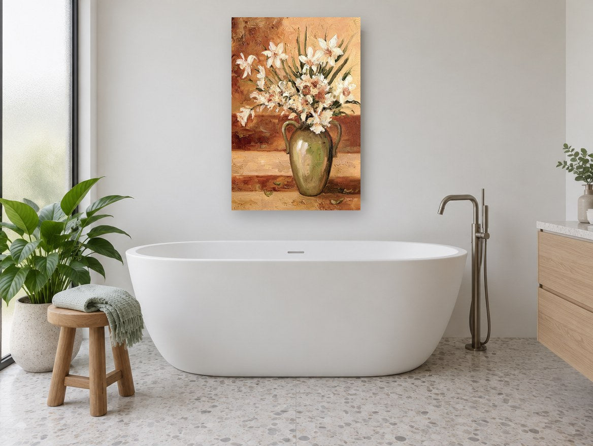Daffodils in Green Urn floral canvas print on the wall of a bathroom