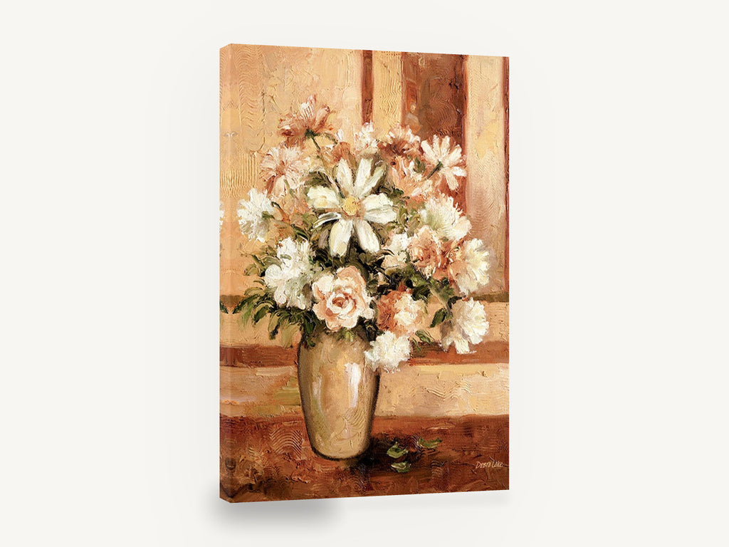 Cream Bouquet in Amber, cream rose daisy bouquet still life, floral canvas wall art print ready to hang