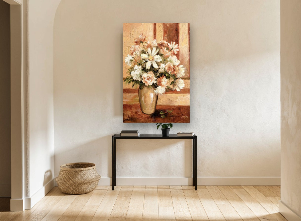 Cream Bouquet in Amber floral canvas print on the wall of a hallway