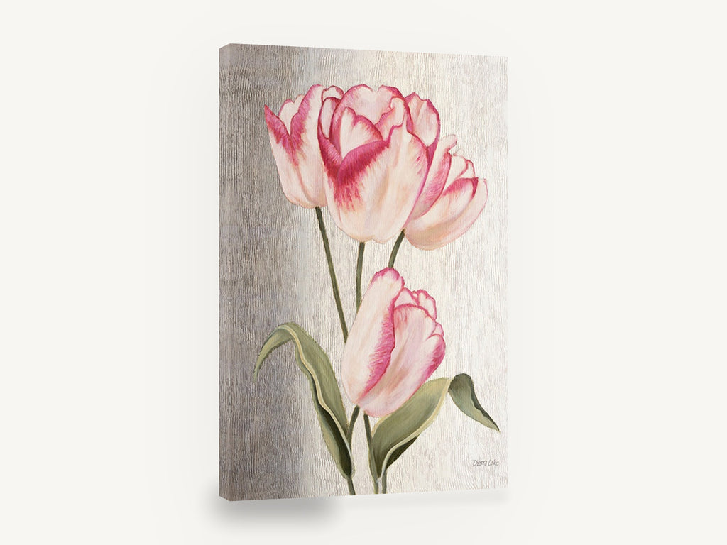 Blush Tulip Trio, pink tulips floral painting grey, floral canvas wall art print ready to hang