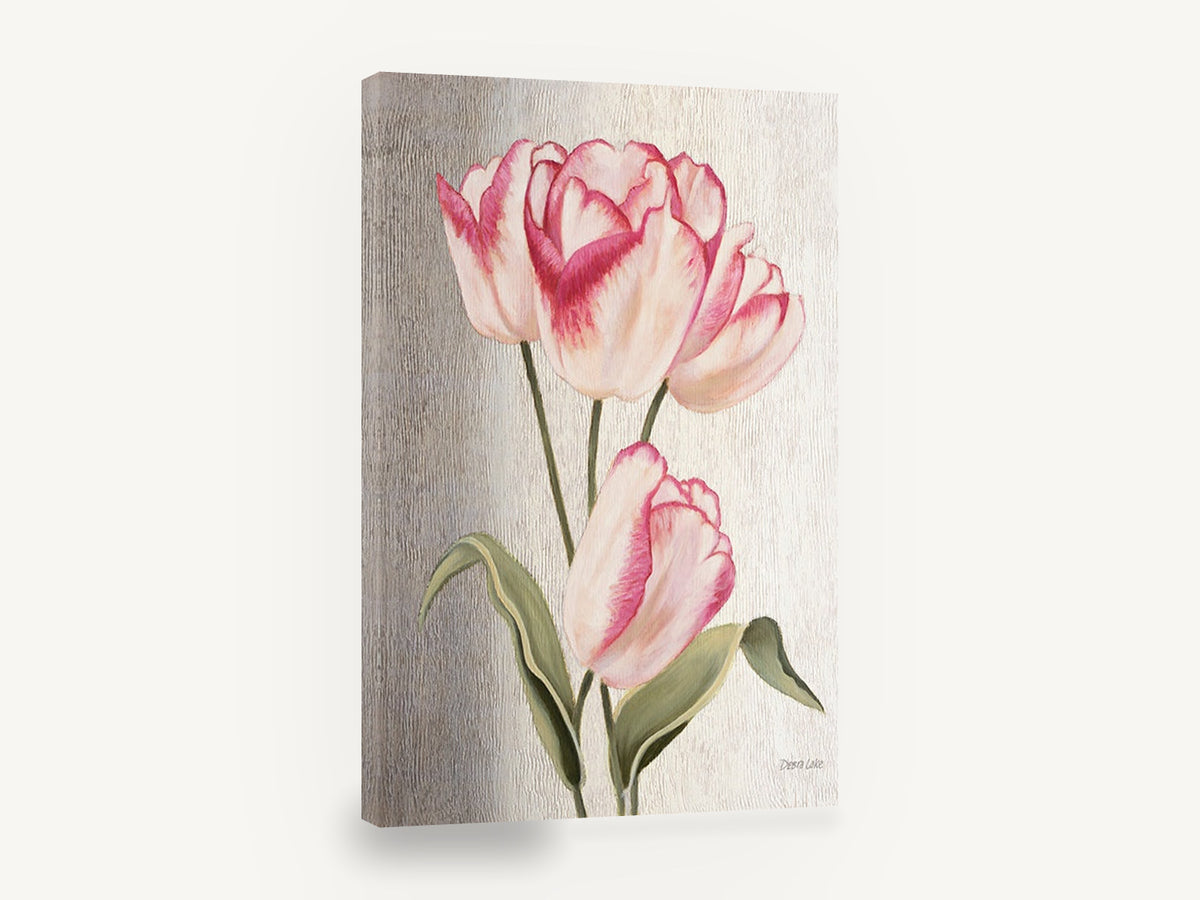 Blush Tulip Trio, pink tulips floral painting grey, floral canvas wall art print ready to hang