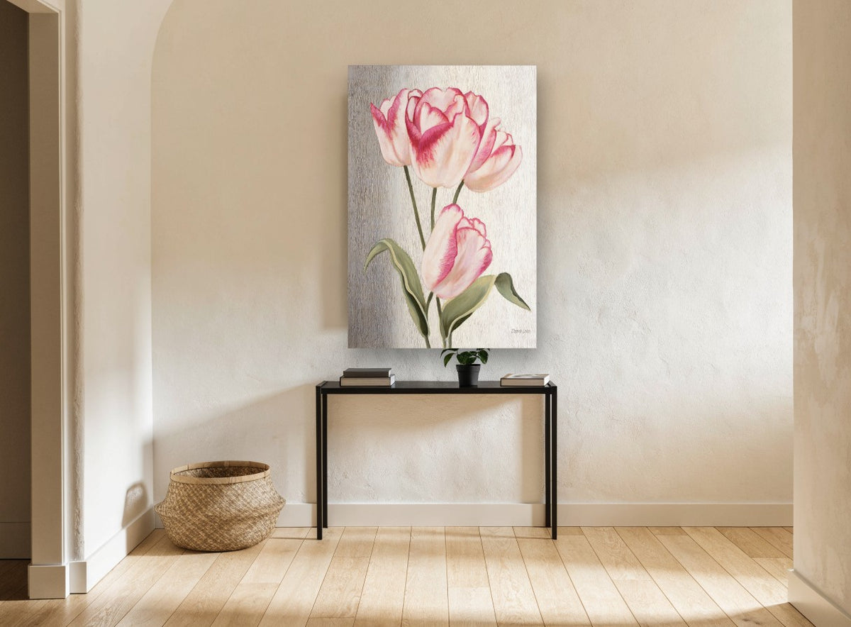 Blush Tulip Trio floral canvas print on the wall of a hallway