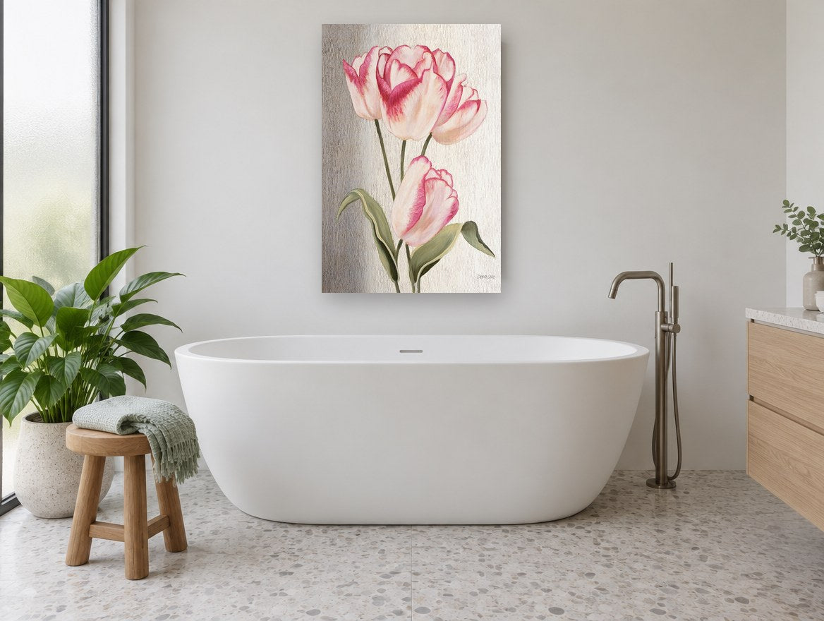 Blush Tulip Trio floral canvas print on the wall of a bathroom