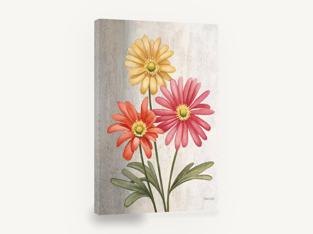 Three Gerbera Trio, yellow orange pink gerbera daisies illustration, floral canvas wall art print ready to hang
