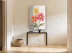 Three Gerbera Trio floral canvas print on the wall of a hallway