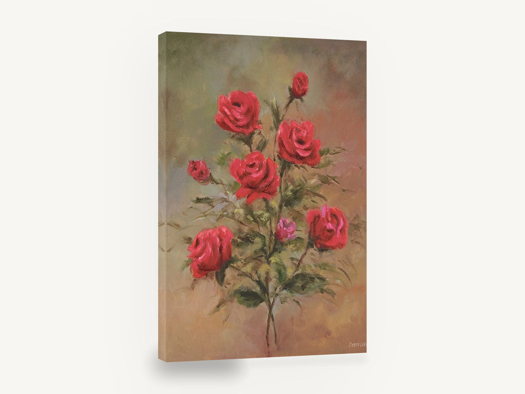 Crimson Rose Spray, red rose stem soft painting, floral canvas wall art print ready to hang
