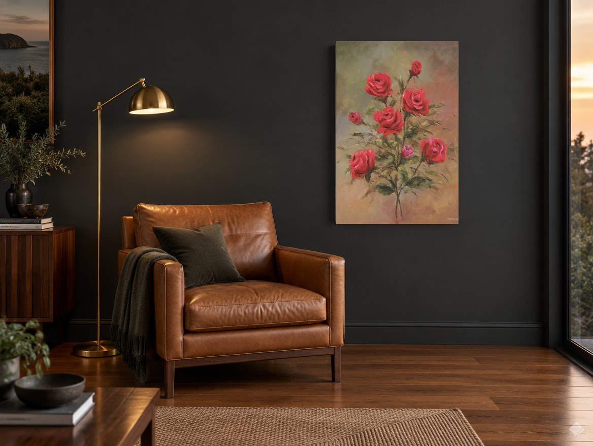 Crimson Rose Spray floral canvas print on the wall of a charcoal living room