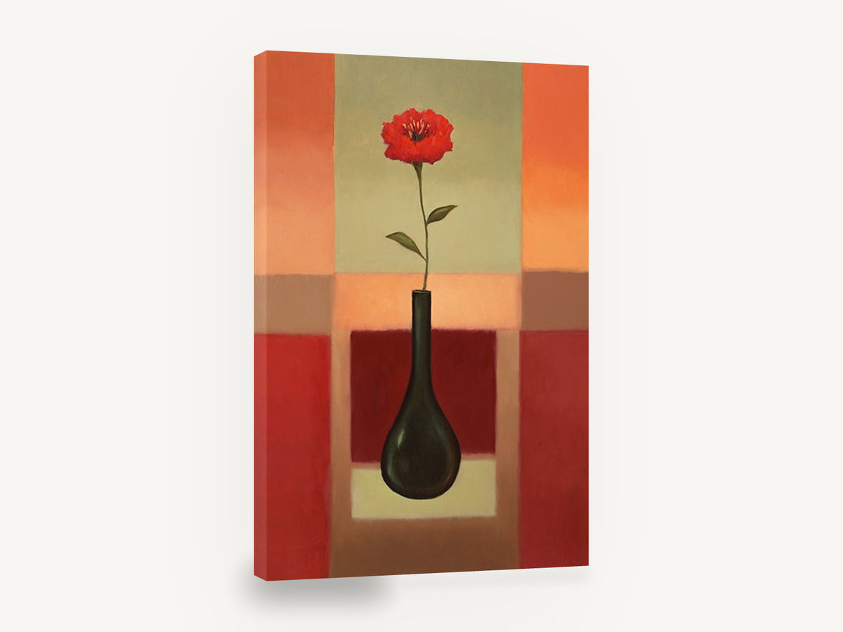 Red Bloom Dark Vase, red flower black vase contemporary still life, floral canvas wall art print ready to hang