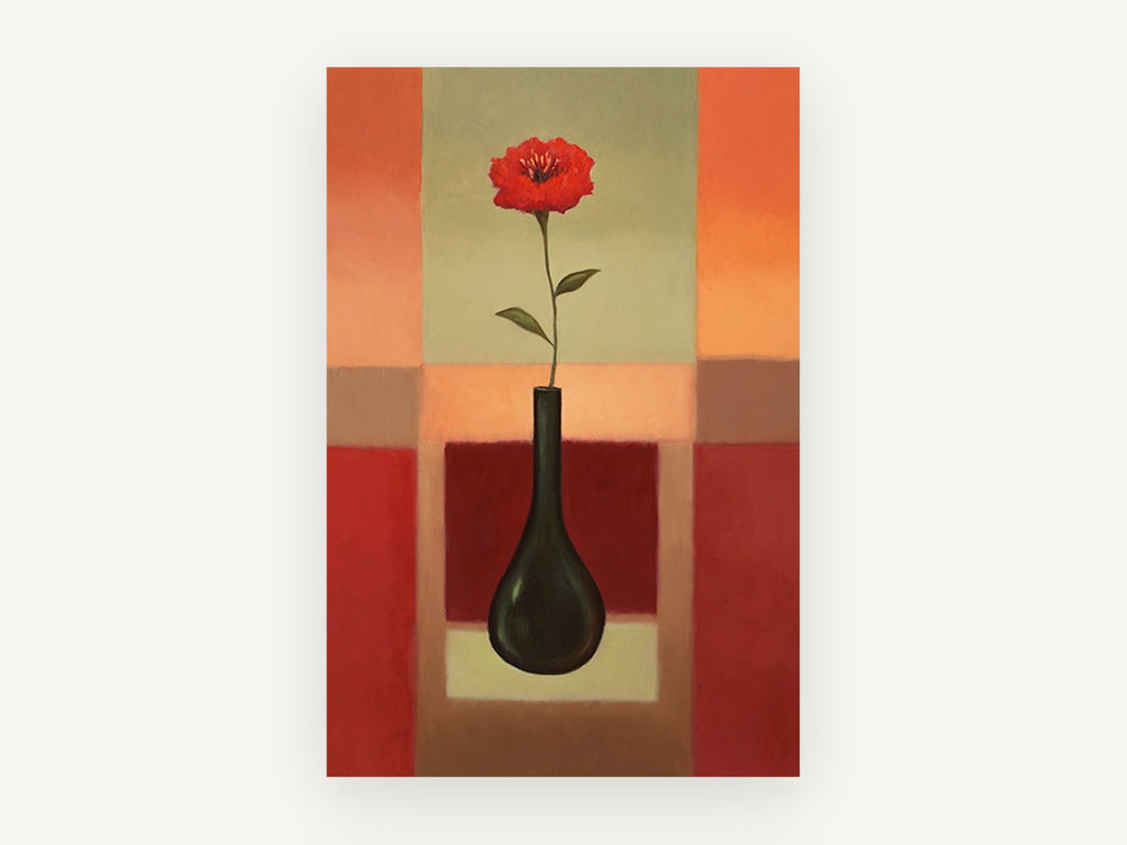 Red Bloom Dark Vase, floral canvas wall art print, front view