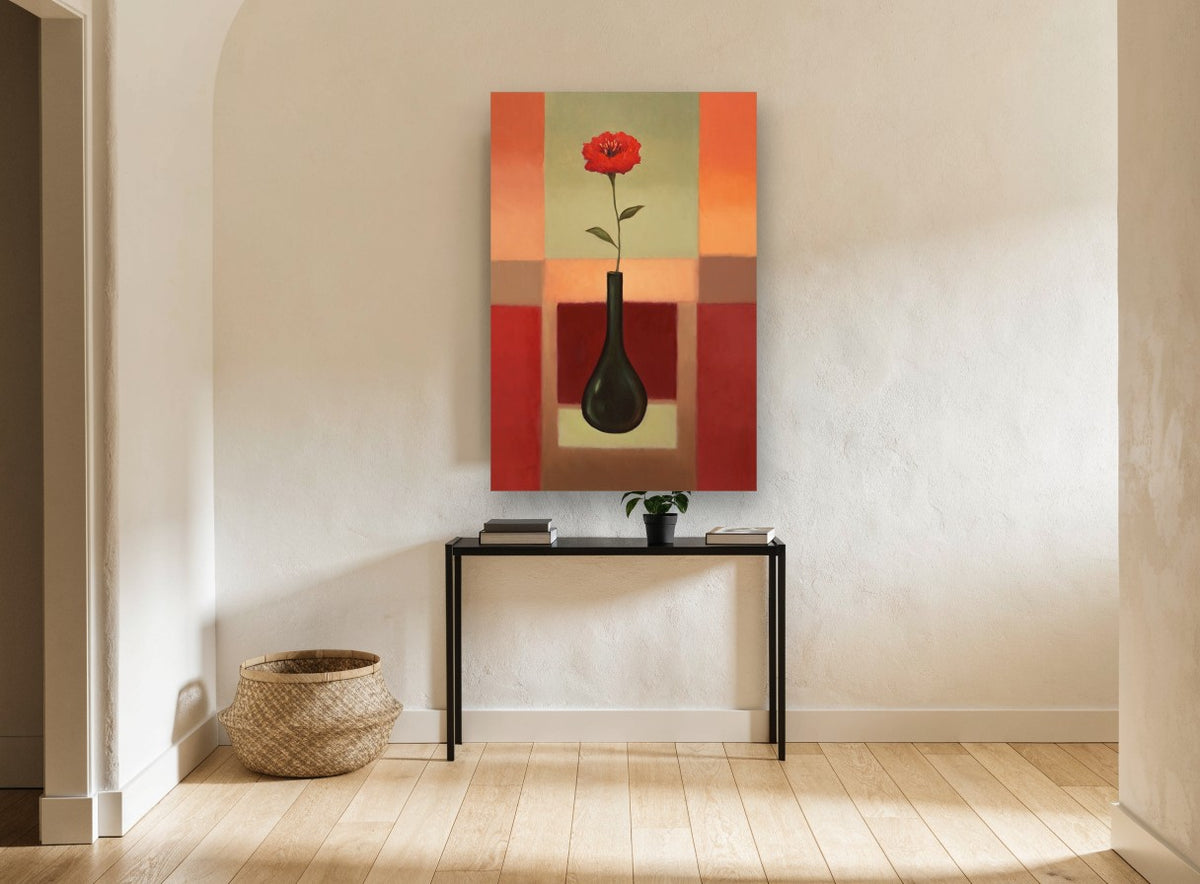 Red Bloom Dark Vase floral canvas print on the wall of a hallway