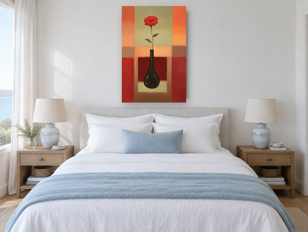 Red Bloom Dark Vase floral canvas print on the wall of a coastal bedroom