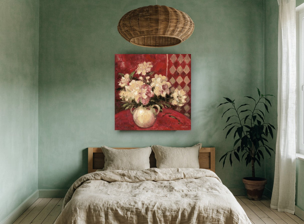 Cream Peonies on Crimson floral canvas print on the wall of a bedroom
