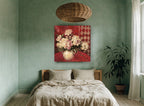 Cream Peonies on Crimson floral canvas print on the wall of a bedroom