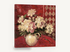 Cream Peonies on Crimson, cream peonies red harlequin still life, floral canvas wall art print ready to hang