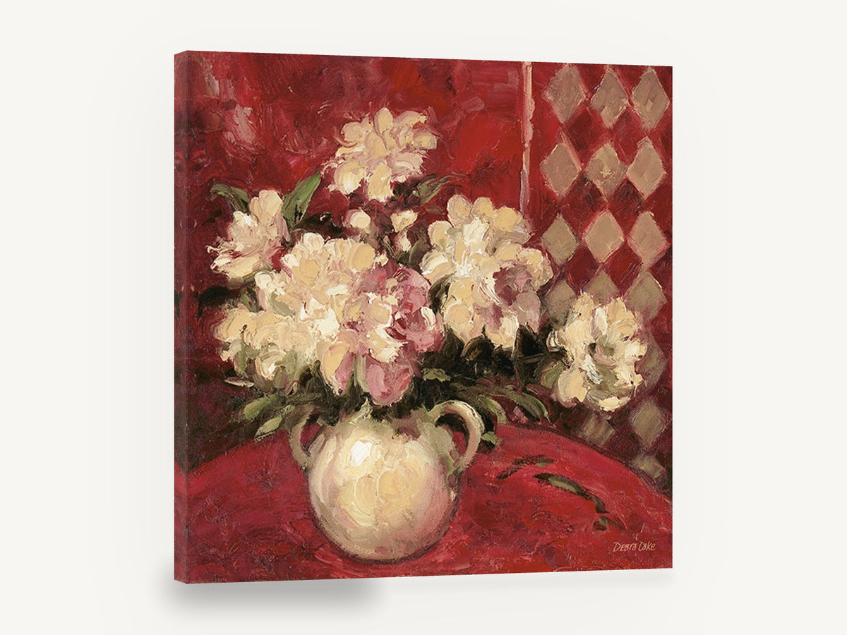 Cream Peonies on Crimson, cream peonies red harlequin still life, floral canvas wall art print ready to hang