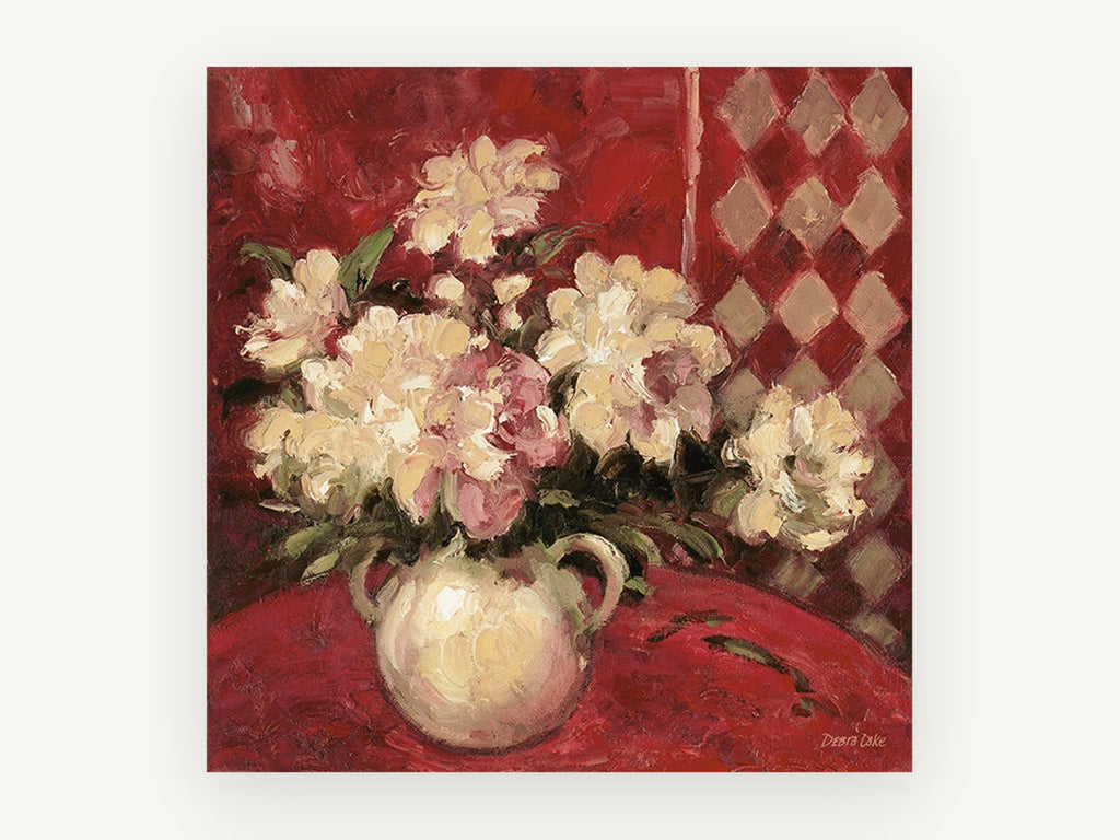 Cream Peonies on Crimson, floral canvas wall art print, front view