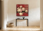 Cream Peonies on Crimson floral canvas print on the wall of a hallway