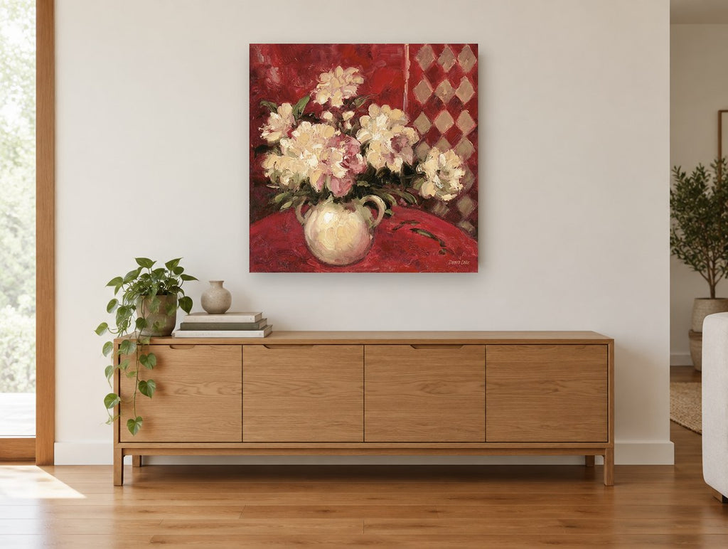 Cream Peonies on Crimson floral canvas print on the wall of a living room above a sideboard