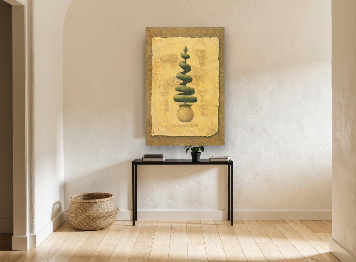 Spiral Yew Topiary floral canvas print on the wall of a hallway